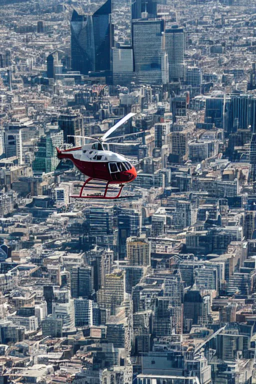 Image similar to a 5 0's helicopter flying over the city