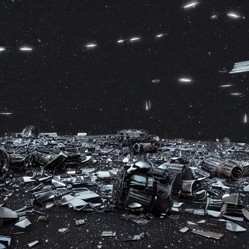 Prompt: view from afar of a maelstrom of scrap metal in black, starless space, astrophysical photo, octane render