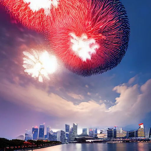 Image similar to Singapore city, Singapore Esplanade, Singapore Marina Bay, with a very very very very very lion-shaped cloud in the sky and fireworks in the sky, by greg rutkowski, red and white lighting, digital art, ultra realistic, ultra detailed, photorealistic, 4k, character concept