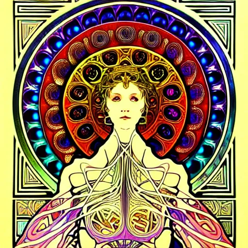 Image similar to psychedelic sacred geometry, intricate, sophisticated, ultra realistic, incredibly detailed, diagram, illustration, trending on artstation, art by alphonse mucha