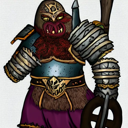 Image similar to ogre warrior wearing plated armor who is holding a battle axe in the style of warhammer fantasy : : head and torso drawing