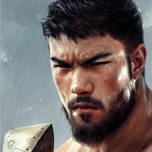 Image similar to Gladiator, muscular, asian, handsome, detailed face, correct face, painting by wlop