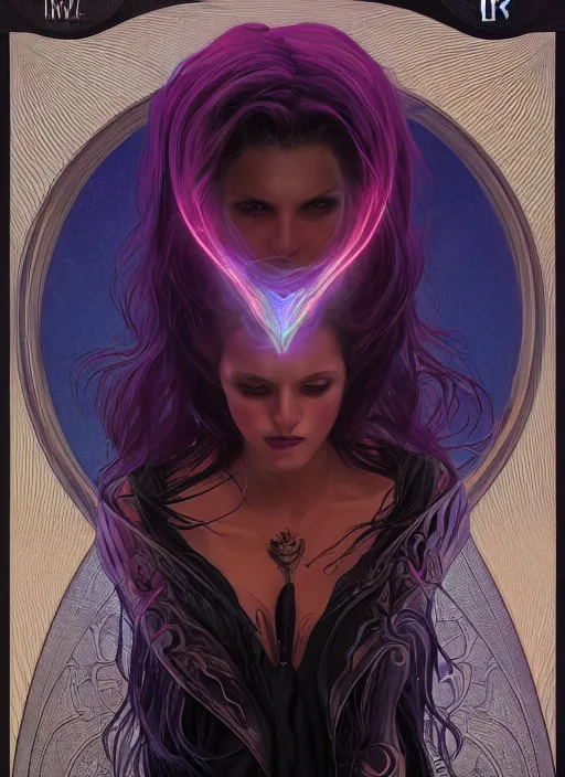 Image similar to book cover, front portrait, dark witch with black hood and evil eyes, realism, soft, smooth, luminescent, art nouveau tarot, backlit glow, colorful swirly ripples, gaudy colors, aesthetic octane render, unreal engine, 8 k, by artgerm, greg rutkowski, alphonse mucha