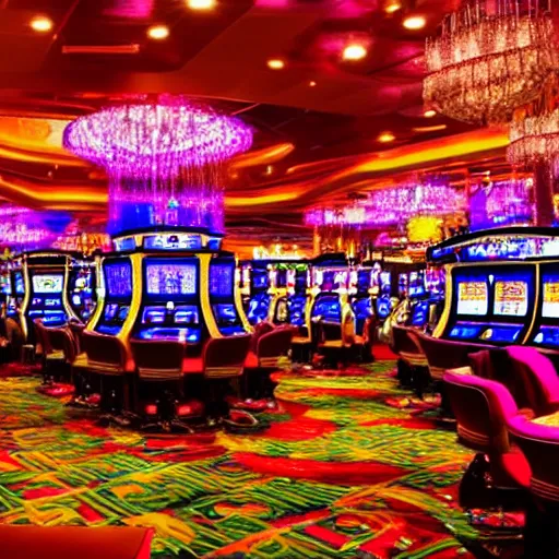 Prompt: inside a casino, fruit machines, chandeliers, lights and colors, realistic