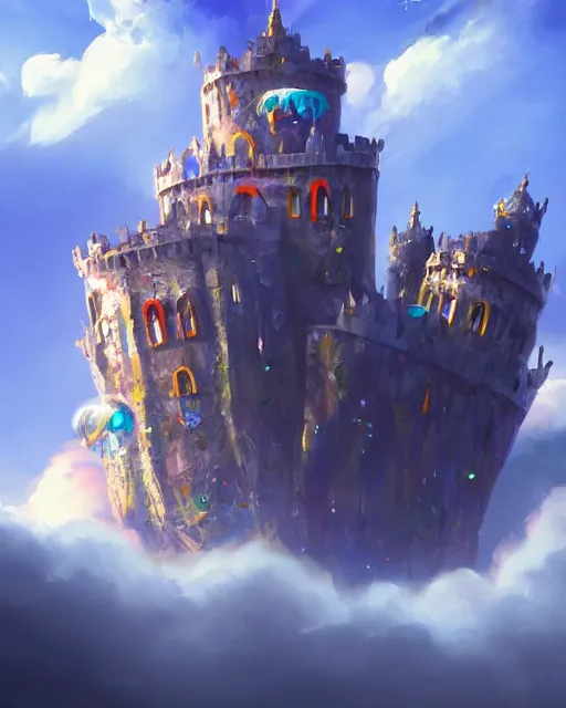 Image similar to flying cloud castle, bubble buildings, illustration, bright, blue sky, mountains, colorful, cinematic lighting, fantasy, high detail, masterpiece, artstation, 4 k, art by wylie beckert