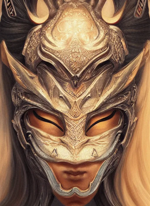 Image similar to a beautiful detailed oil on copper art illustration of a japanese samurai dragon mask woman, centered, by charlie bowater, zeng fanzh, trending on artstation, dim dusk lighting, cinematic lighting, detailed lighting, volumetric lighting, realistic, f 8, 4 k hd wallpaper