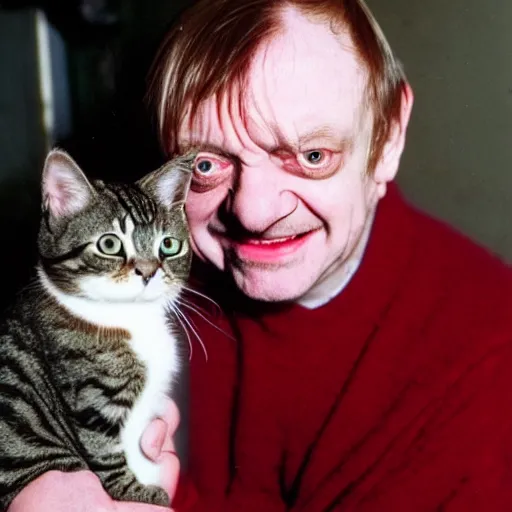 Image similar to laughing mark e smith with a cute kitty on his head