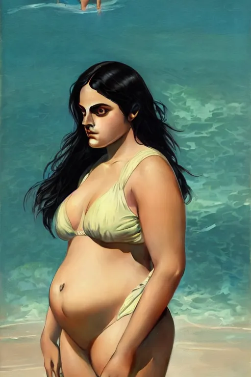 Prompt: very obese camila mendes in swimsuit, realistic, symmetrical, highly detailed, digital painting, artstation, concept art, smooth, sharp focus, illustration, cinematic lighting, art by artgerm and greg rutkowski and alphonse mucha