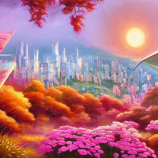 Image similar to Beautiful city of the future in harmony with nature. Nice colour scheme, soft warm colour. Beautiful detailed painting by Lurid. (2022)