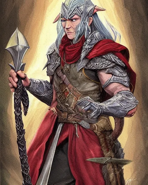 Image similar to full face and body D&D character art illustration of a elven magus fighter, by Wayne Reynolds.