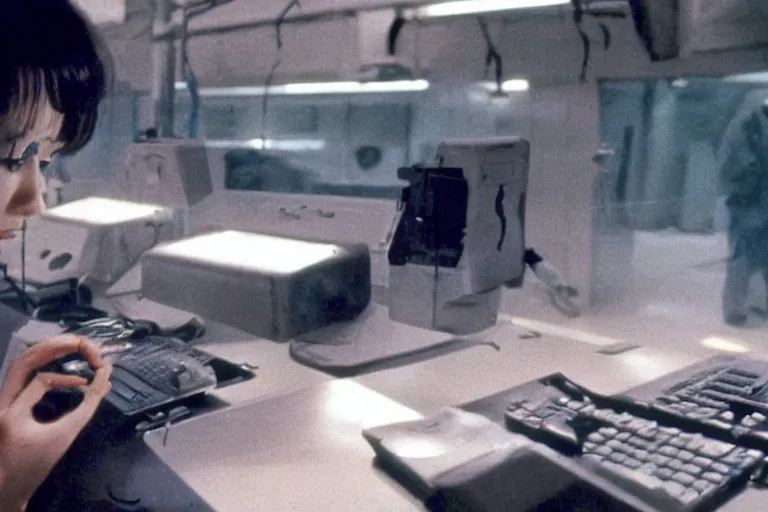 Prompt: alien using a computer to check her email submerged in translucent goo, over the shoulder perspective, in 1 9 8 5, y 2 k cybercore, industrial photography, still from a kiyoshi kurosawa movie