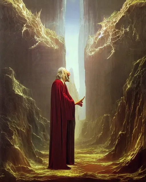 Image similar to A lawful good wizard, he wears robes. Award winning oil painting by Thomas Cole and Wayne Barlowe. Highly detailed