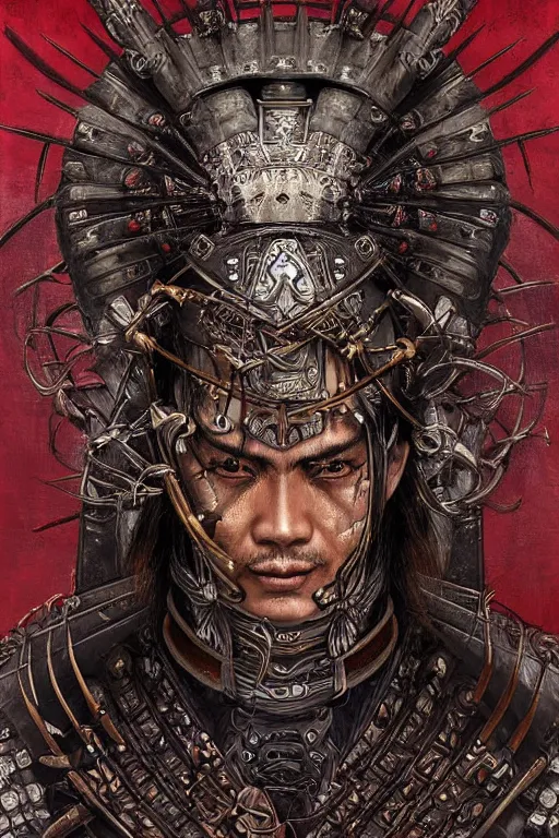 Prompt: digital face portrait painting of a male samurai warrior magus by yoshitaka amano, hajime sorayamai, terese nielsen, samurai armour by h. r. giger, in the style of dark - fantasy, intricate detail, skull motifs, red, bronze, artgerm