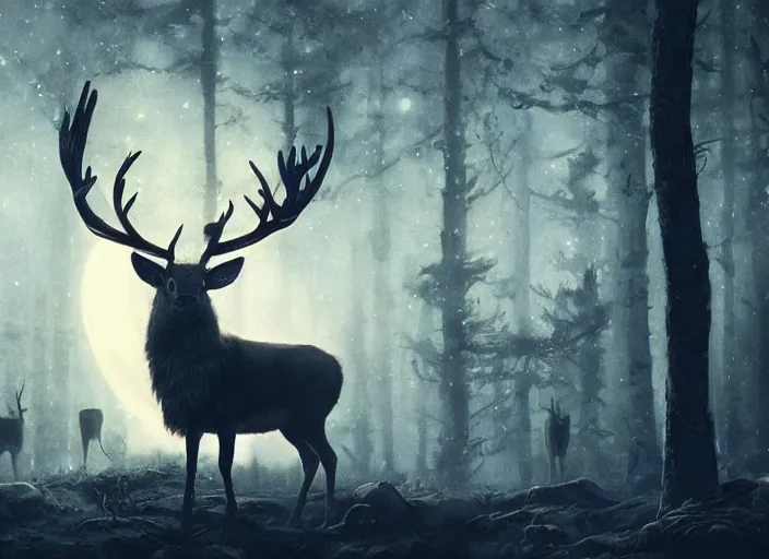 Prompt: stag with glowing antlers, moonlight, art by artgerm and greg rutkowski, cinematic shot, intricate, photorealistic, artstation, realistic, 1 0 0 mm, photography, octane, high definition, depth of field, bokeh, 8 k