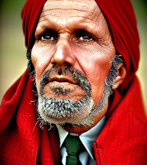 Image similar to portrait of president calvin coolidge as afghan man, green eyes and red scarf looking intently, photograph by steve mccurry