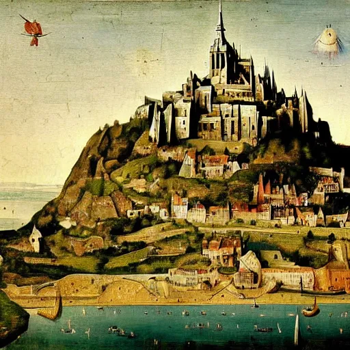 Prompt: Stunning and highly detailed painting of Mount Saint-Michel by Hieronymus Bosch