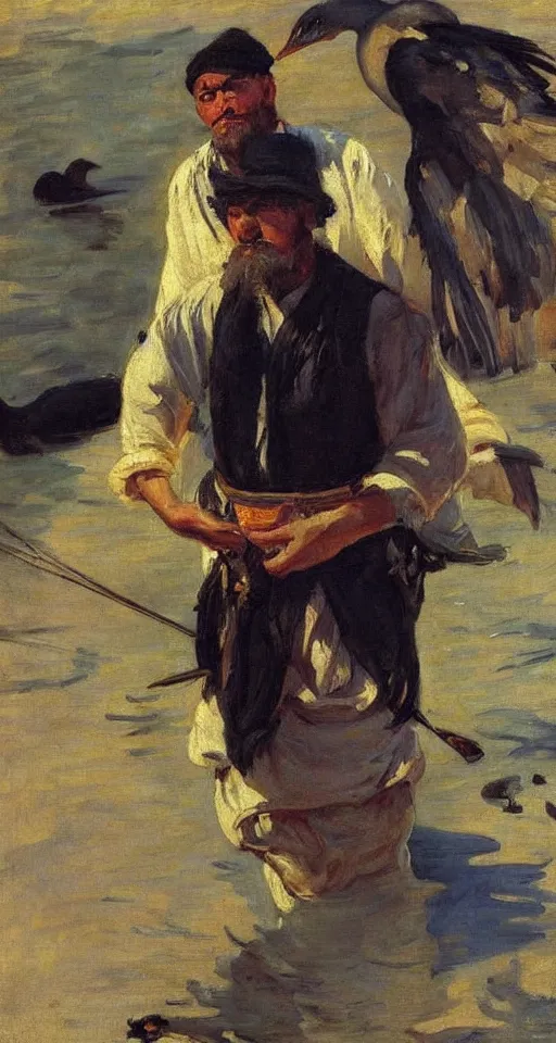 Image similar to orientalist portrait painting of a fisherman with a cormorant on his shoulder, by joaquin sorolla, in romantic style, sfumato, high detail, masterpiece