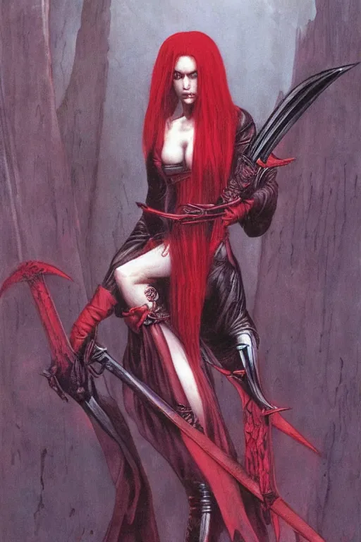 Prompt: vampire woman with red hair holding two swords by wayne barlowe