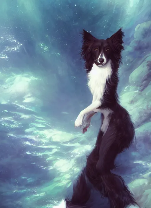 Image similar to beautiful wide angle full body portrait of a cute male anthropomorphic anthro border collie fursona wearing an evening gown underwater, character design by charlie bowater, henry asencio, and ross tran, scenic background, detailed, glamor pose, aesthetic, furry, trending on artstation, furaffinity, deviantart