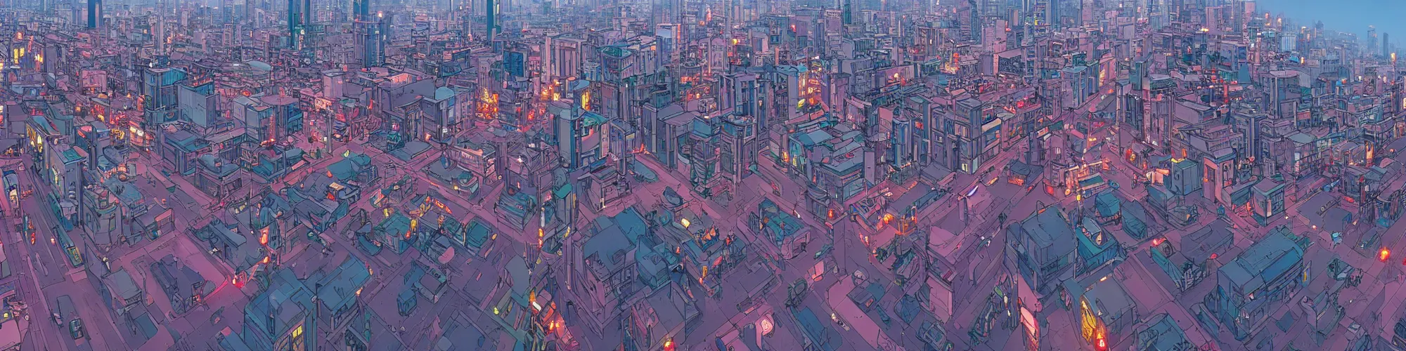Image similar to panorama view of a city, on the street, no cars. sharp focus, cinematic pose, cinematic lighting, unreal engine render. art by josan gonzales and moebius and deathburger.