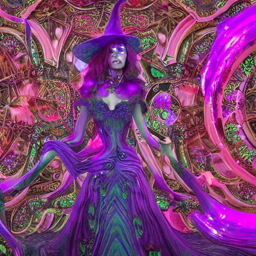 Image similar to psychadelic witch, hyper detailed, flowing psychadelic background intricate and detailed, ornate 8 k gorgeous intricate detailed, octane render