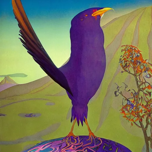 Prompt: by n. c. wyeth psychedelic purple monumental, incredible. a beautiful conceptual art of a bird in its natural habitat. the bird is shown in great detail, with its colorful plumage & intricate patterns. the background is a simple but detailed landscape, with trees, bushes, & a river.