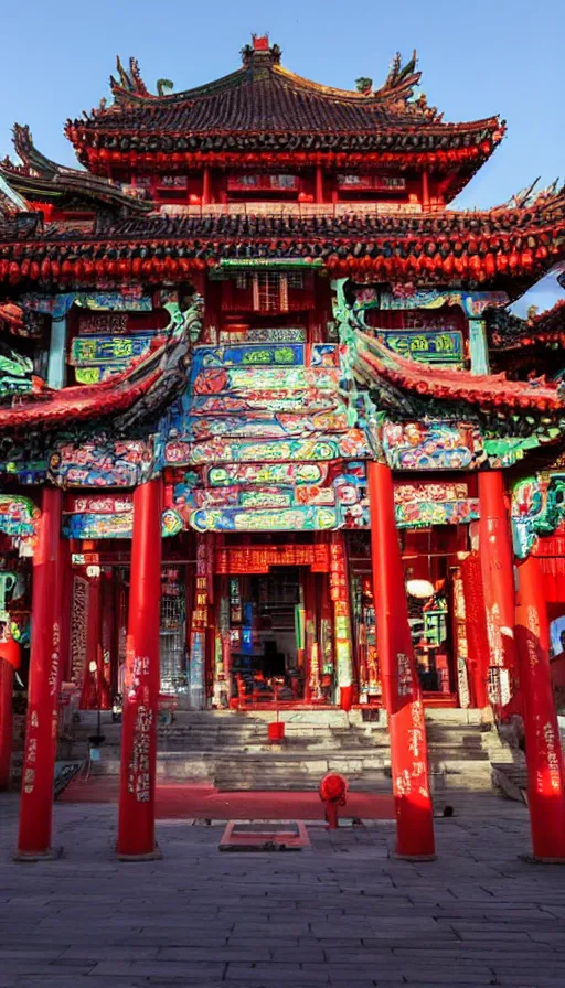 Image similar to a chinese temple with cyberpunk enhancements