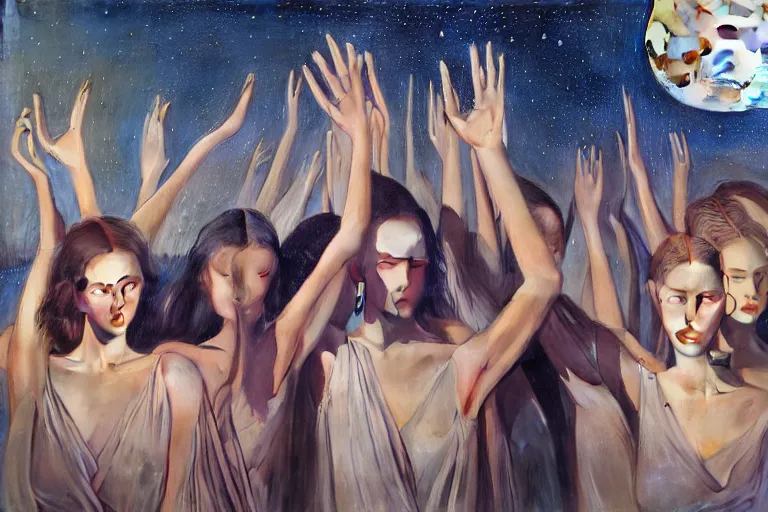 Image similar to 3 d, close - up, group of fashion models standing in a night lake with their hands raised to the bright moon, moon ryas, vogue cover style, intricate oil painting, high detail, figurative art, multiple exposure, poster art, 3 d, by tooth wu and wlop and beeple