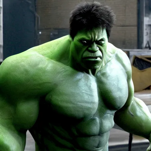 Image similar to a still frame of nicholas cage as the hulk, from the 2 0 1 2 film the avengers