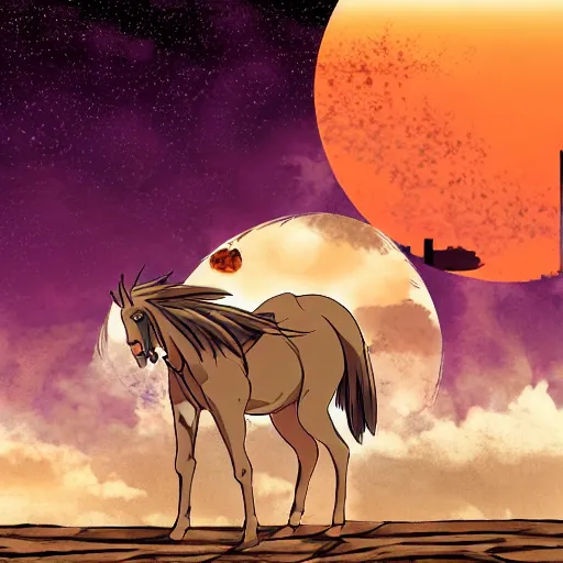 Image similar to Anime style, desert at night filled with centaurs, tall white tower in the background, HD,