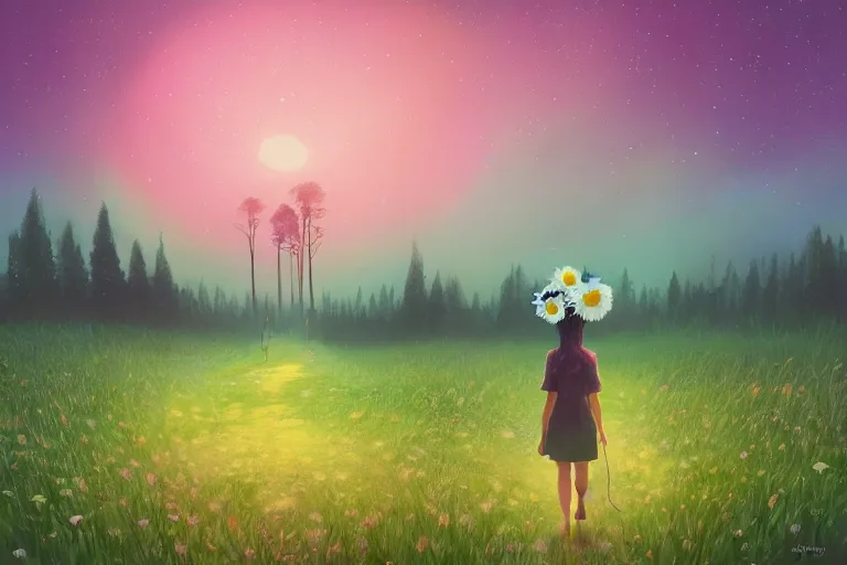 Image similar to giant daisy flower as a head, girl walking forest, big trees, hills, surreal photography, dark night, star trails, moon light, impressionist painting, clouds, digital painting, artstation, simon stalenhag