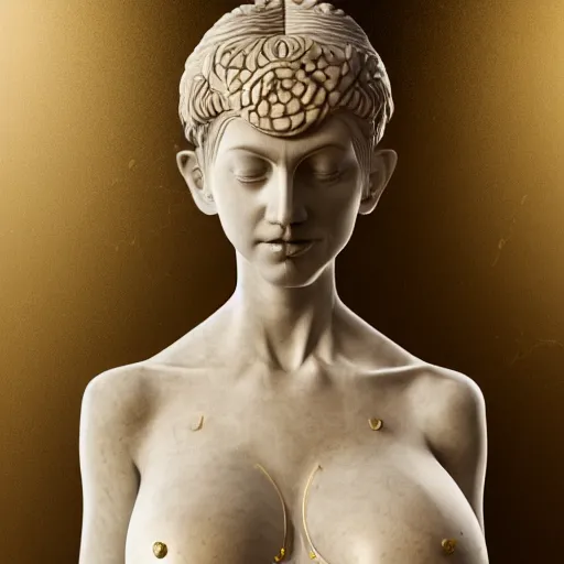 Image similar to a statue made of white marble with gold veins, of an beautiful pregnant woman in a light dress, perfect symmetrical body, perfect symmetrical face, closed eyes, hyper realistic, hyper detailed, fujicolor superia, bokeh background, full body shot, by peter kemp, by monia merlo octane render, blender, 8 k