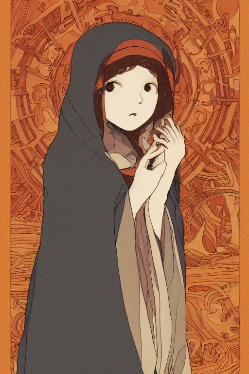 Prompt: a Girl in a large hood crouching on the ground by studio ghibli and mucha ,Visual Communication Design Refreshing colour ,orange slices,album,Microphone