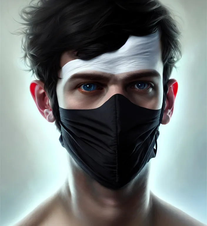 Image similar to white man with black fabric medical mask, short dark hair, highly detailed face!!!, true anatomy!, extremely detailed!, digital painting, unreal engine 5, art by tom bagshaw