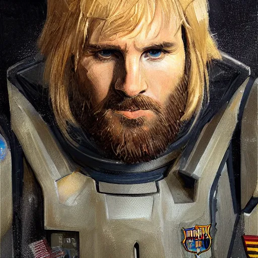 Image similar to portrait of lionel messi by greg rutkowski, space marine commander, messy blond hair, beard, tall and muscular, star wars expanded universe, he is about 3 0 years old, wearing a flying jacket, distrustful and arrogant, highly detailed portrait, digital painting, artstation, concept art, smooth, sharp foccus ilustration, artstation hq