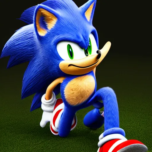 Image similar to Sonic the Hedgehog kneeling while crying, realistic, 8k, dramatic lighting, cinematic.