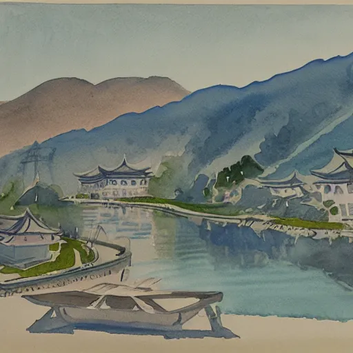 Prompt: watercolor of chuncheon by charles e. burchfield