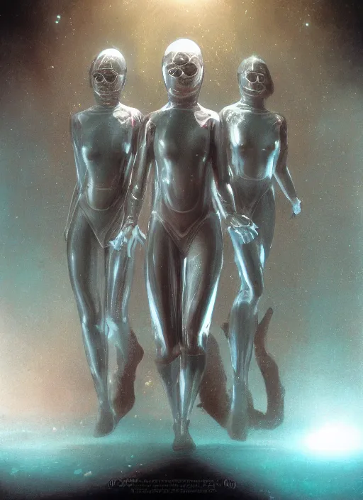 Prompt: astronauts girls in dark void underwater - complex and hyperdetailed technical suit design. reflection and dispersion materials. rays and dispersion of light. volumetric light. f / 3 2. noise film photo. flash photography. ultra realistic, 5 0 mm. poster by wayne barlowe, hajime sorayama aaron horkey, craig mullins