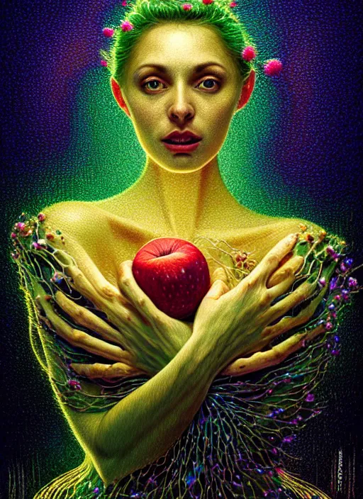 Image similar to hyper detailed 3d render like a Oil painting - Aurora (Singer) Eats of the Strangling Fruit of penance open eyes and Her Hands full of gossamer polyp blossoms bring iridescent fungal flowers whose spores black the foolish stars by Jacek Yerka, Mariusz Lewandowski, Houdini algorithmic generative render, Abstract brush strokes, Masterpiece, Edward Hopper and James Gilleard, Zdzislaw Beksinski, Mark Ryden, Wolfgang Lettl, hints of Yayoi Kasuma, octane render, 8k