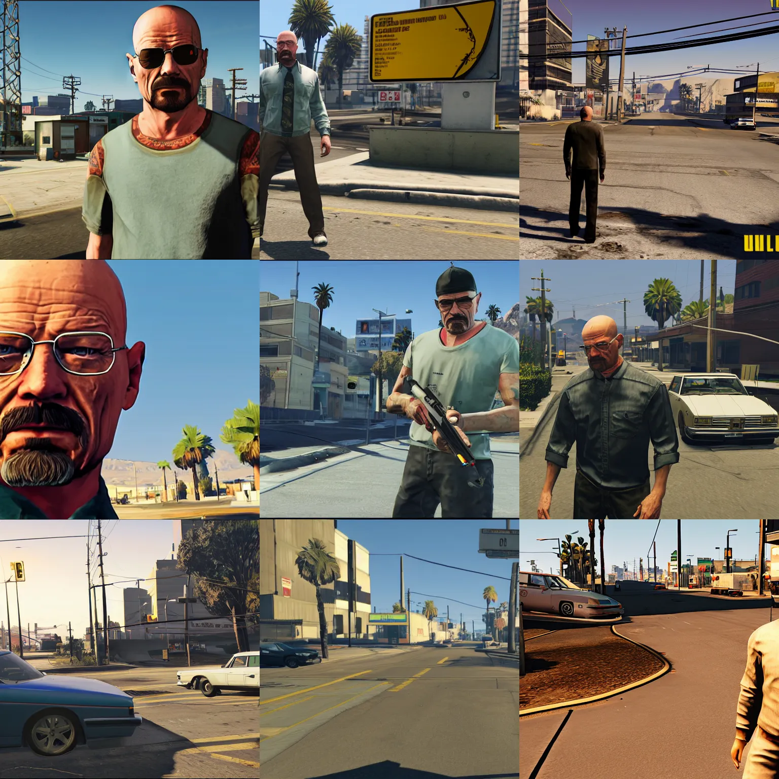 Prompt: walter white completing a gta 5 mission, downtown san andreas, unreal engine 5 detail, by gta 5