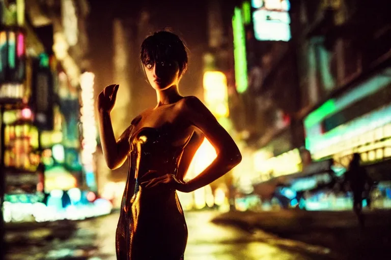 Image similar to VFX movie portrait closeup beautiful blade runner giant hologram woman glowing translucent skin, natural night street lighting in the city alley by Emmanuel Lubezki