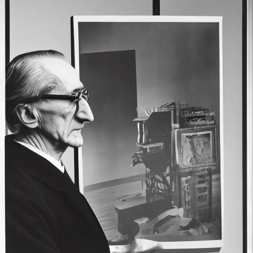 Prompt: underexposed photo of Marcel Duchamp in a room full with an ancient machine, tri-x, archival pigment print in the style of Hito Steyerl, contemporary art