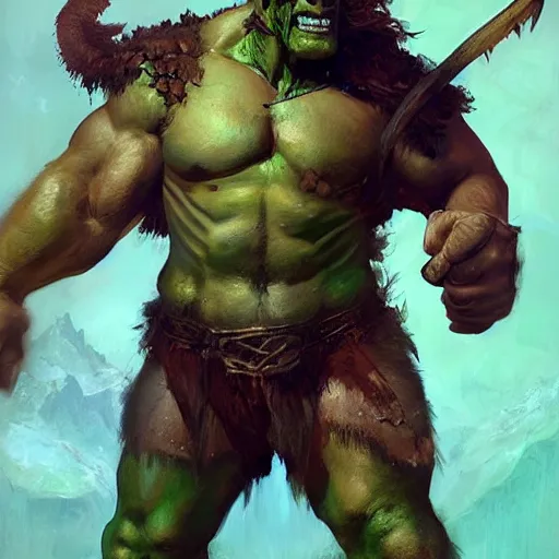 Prompt: a beautiful digital painting of an Orc Barbarian by artists Adrian Smith, Greg Rutkowski, Svetlin Velinov, David Benzal, Ilya Repin, Frans Hals, green color scheme, artstation, cgsociety