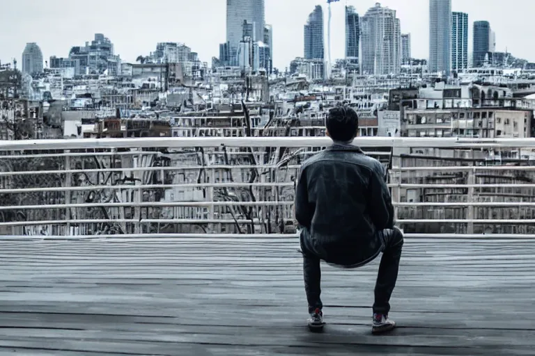 Image similar to A man sitting on a footbridge, city in the background