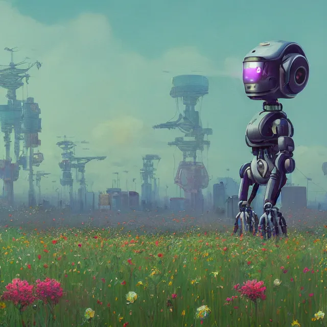 Image similar to a cyberpunk robot in a field of flowers by simon stalenhag