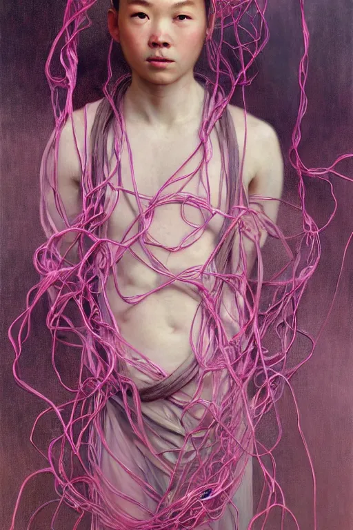 Image similar to hyperrealist portrait of elijah zu bailey, pink, it is decorated with long wires that fall like vines and wears small computers over their body. by jeremy mann and alphonse mucha, fantasy art, photo realistic, dynamic lighting, artstation, poster, volumetric lighting, very detailed faces, 4 k, award winning