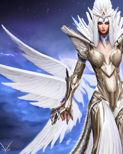 Image similar to perfect white haired egyptian goddess wearing white dove wings, warframe armor, regal, attractive, ornate, sultry, beautiful, charlize theron, half asian, pretty face, blue eyes, detailed, scifi platform, 4 k, ultra realistic, epic lighting, cinematic, masterpiece, art by akihito tsukushi, voidstar, trending on artstation