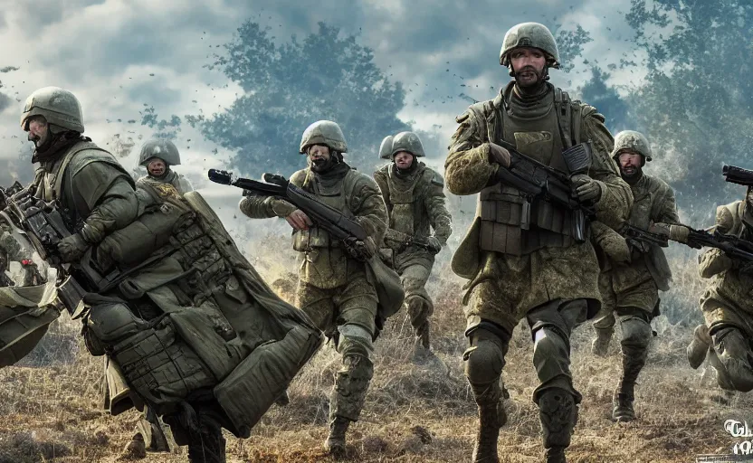 Image similar to an octane render of ukrainian army on the battle field of avengers endgame, cinematic, high resolution film render 100k, photo realistic