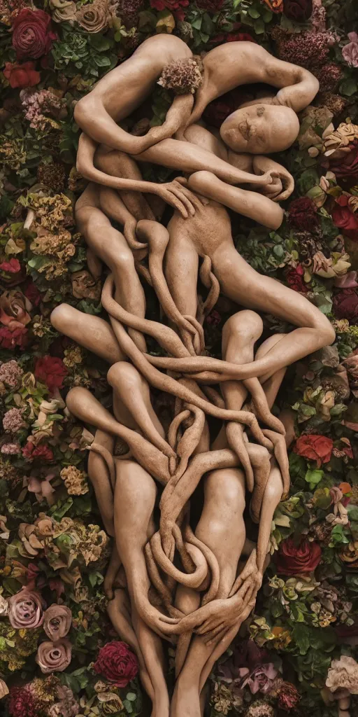Image similar to closeup photograph of a surrealist sculpture human bodies intertwined, a lovely cornucopia of flowers and human body parts, body parts, made of clay, earth tones, muted color palette, skin tones, highly detailed, octane render, cinematic