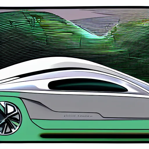 Prompt: sleek autonomous vehicle, designed by Zaha Hadid, parked by an oasis, line art illustration, muted colours